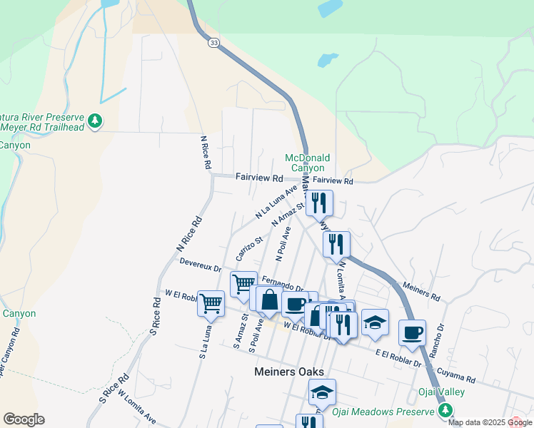 map of restaurants, bars, coffee shops, grocery stores, and more near 402 North La Luna Avenue in Ojai
