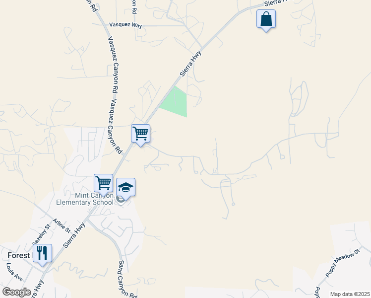 map of restaurants, bars, coffee shops, grocery stores, and more near 16003 Baker Canyon Road in Santa Clarita