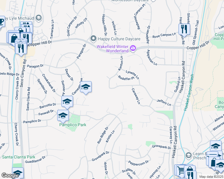 map of restaurants, bars, coffee shops, grocery stores, and more near 22024 Jeffers Lane in Santa Clarita