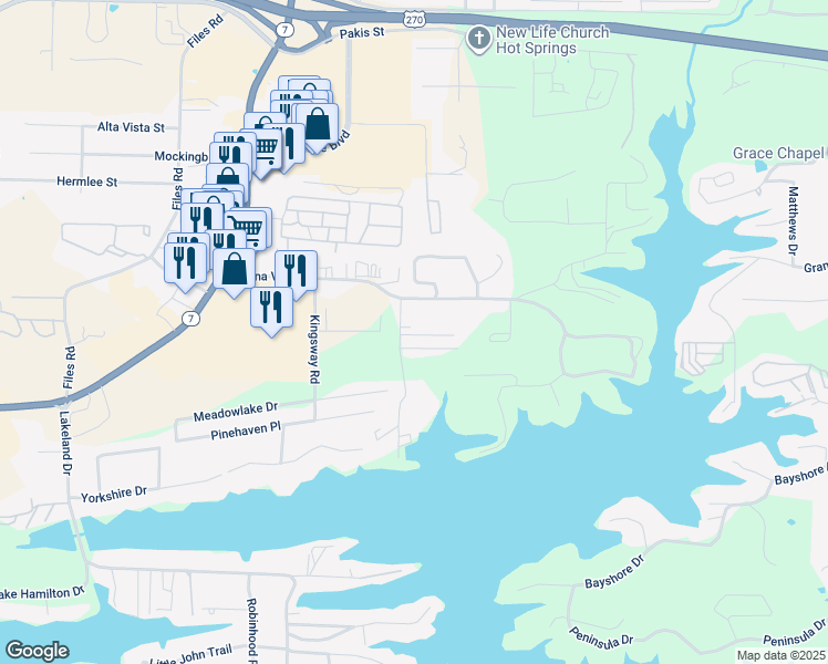 map of restaurants, bars, coffee shops, grocery stores, and more near 111 Aberina Street in Garland County