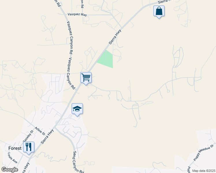 map of restaurants, bars, coffee shops, grocery stores, and more near 16015 Baker Canyon Road in Santa Clarita