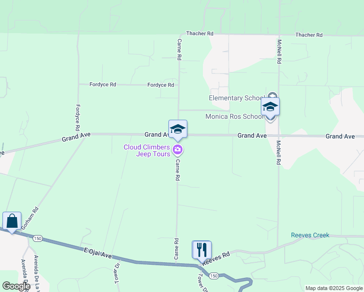 map of restaurants, bars, coffee shops, grocery stores, and more near 650 Carne Road in Ojai