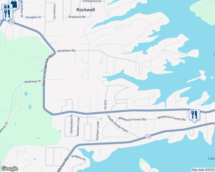 map of restaurants, bars, coffee shops, grocery stores, and more near 104 Colt Drive in Rockwell