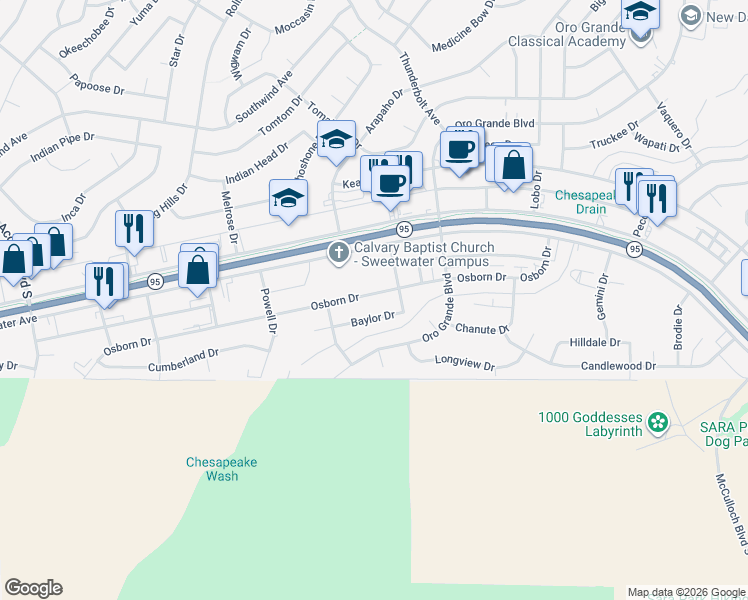 map of restaurants, bars, coffee shops, grocery stores, and more near 3110A Osborn Drive in Lake Havasu City