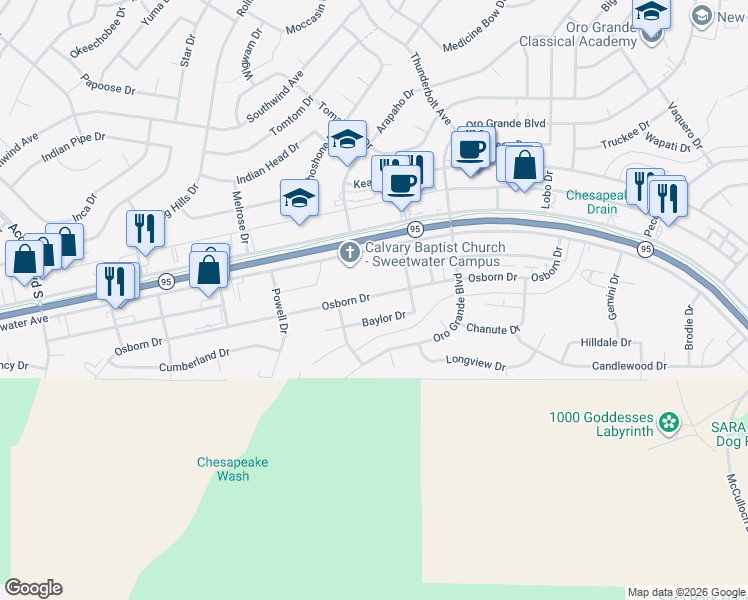 map of restaurants, bars, coffee shops, grocery stores, and more near 3110A Osborn Drive in Lake Havasu City