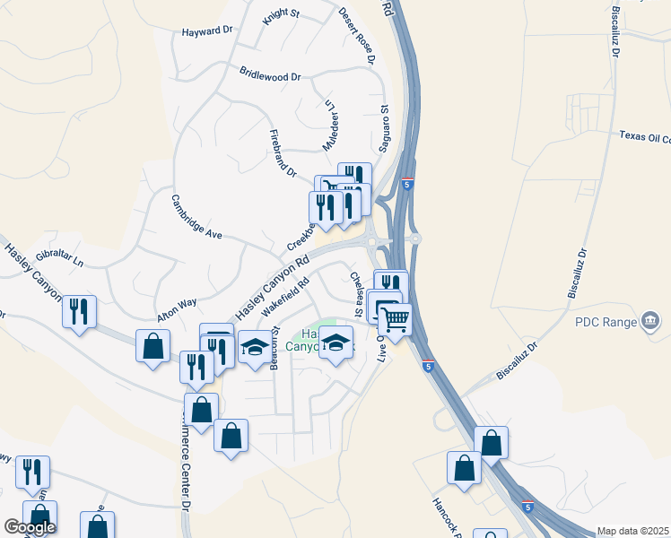 map of restaurants, bars, coffee shops, grocery stores, and more near 27712 Wakefield Road in Castaic