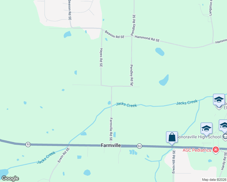 map of restaurants, bars, coffee shops, grocery stores, and more near 116 Farmville Road Southeast in Calhoun
