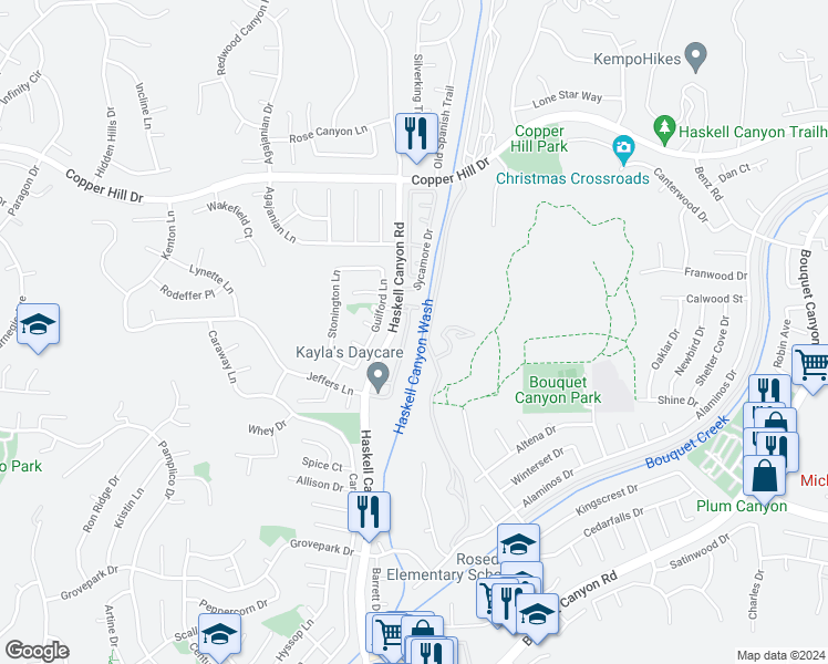 map of restaurants, bars, coffee shops, grocery stores, and more near 28142 Bobwhite Circle in Santa Clarita