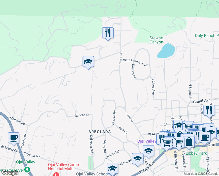 map of restaurants, bars, coffee shops, grocery stores, and more near 820 Foothill Lane in Ojai