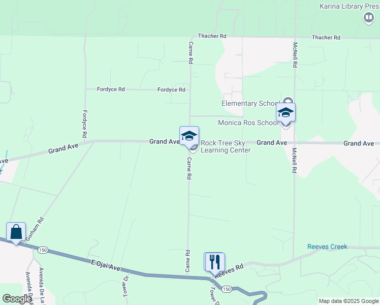 map of restaurants, bars, coffee shops, grocery stores, and more near 650 Carne Road in Ojai