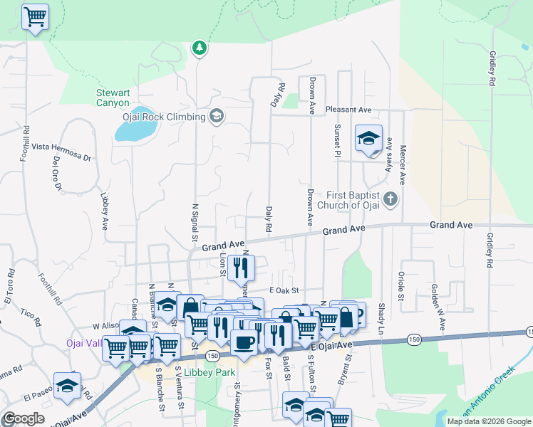map of restaurants, bars, coffee shops, grocery stores, and more near 802 Daly Road in Ojai