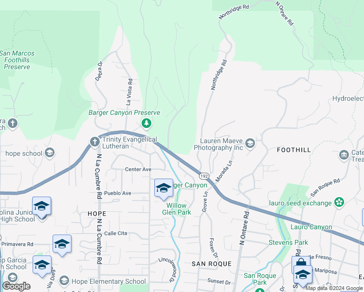 map of restaurants, bars, coffee shops, grocery stores, and more near 3750 Foothill Road in Santa Barbara