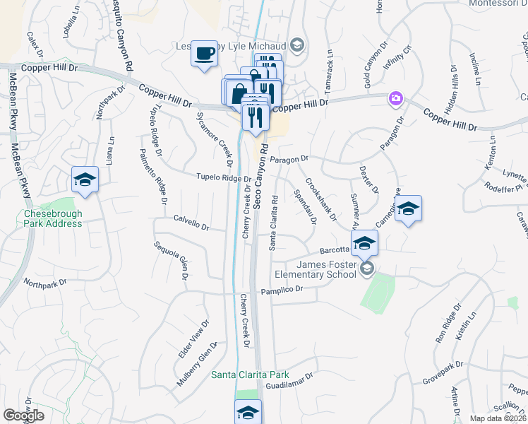 map of restaurants, bars, coffee shops, grocery stores, and more near 27636 Seco Canyon Road in Santa Clarita