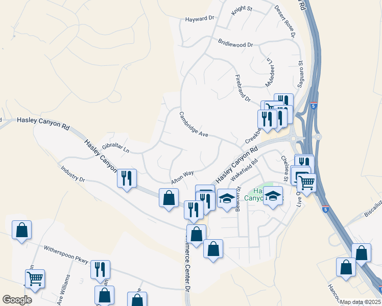 map of restaurants, bars, coffee shops, grocery stores, and more near 28102 Springvale Lane in Castaic