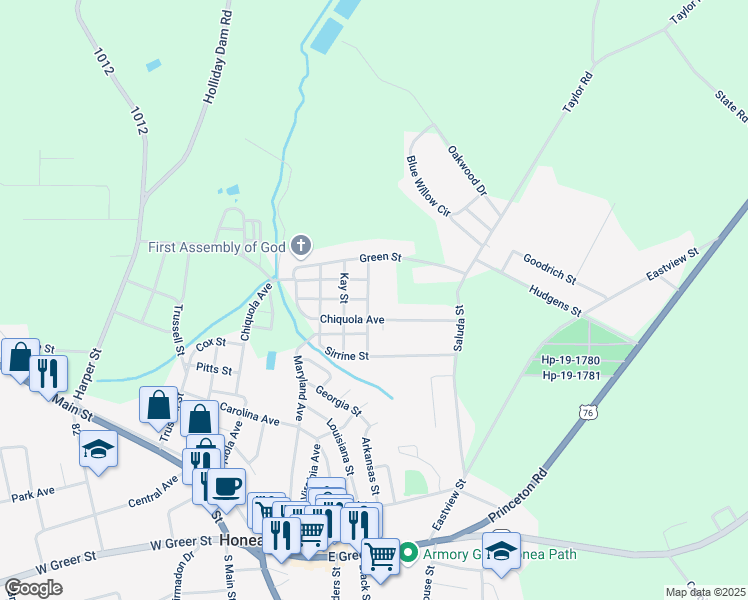 map of restaurants, bars, coffee shops, grocery stores, and more near 208 Hammett Street in Honea Path