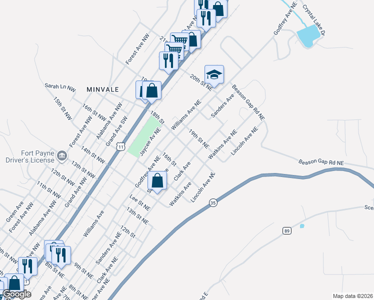 map of restaurants, bars, coffee shops, grocery stores, and more near 1801 Sanders Avenue in Fort Payne