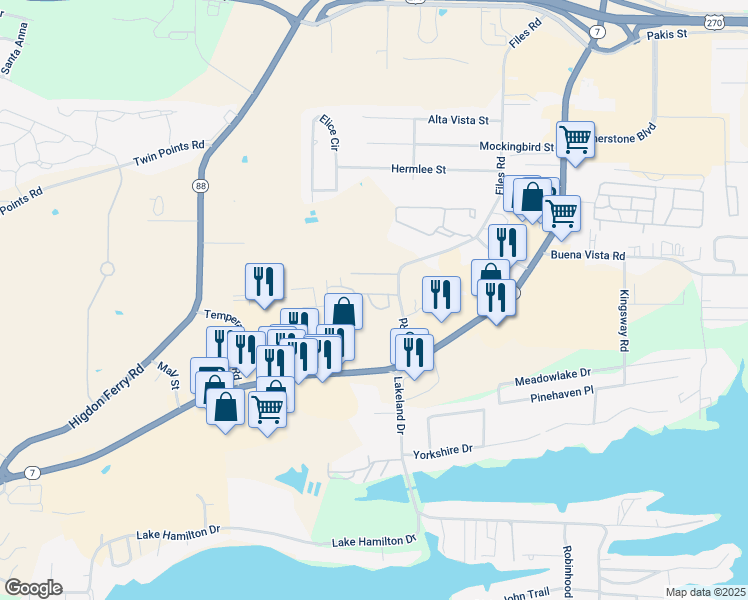 map of restaurants, bars, coffee shops, grocery stores, and more near 124 Corporate Terrace in Hot Springs