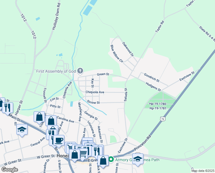 map of restaurants, bars, coffee shops, grocery stores, and more near 208 Hammett Street in Honea Path