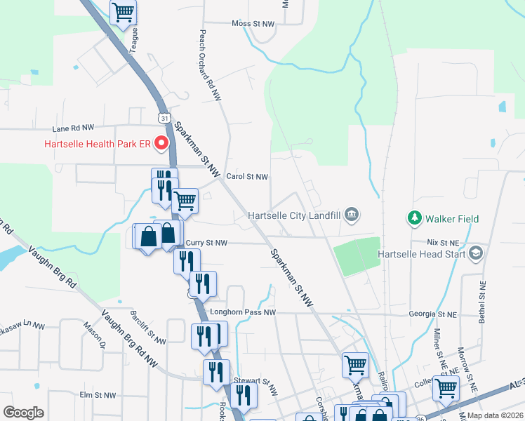 map of restaurants, bars, coffee shops, grocery stores, and more near 515 Burch Street Northwest in Hartselle