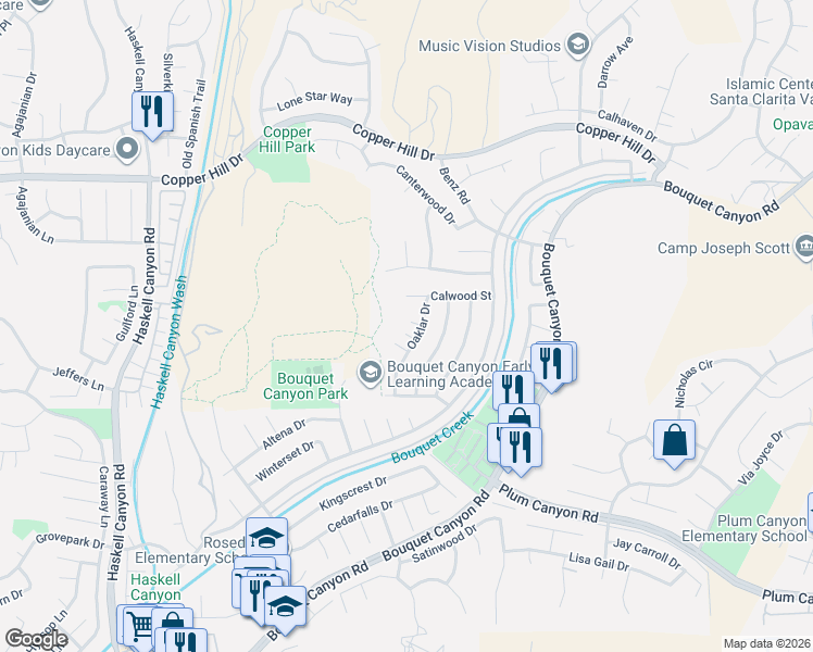 map of restaurants, bars, coffee shops, grocery stores, and more near 28189 Oaklar Drive in Santa Clarita
