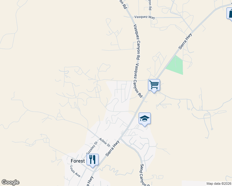 map of restaurants, bars, coffee shops, grocery stores, and more near 16274 Vasquez Canyon Road in Los Angeles County