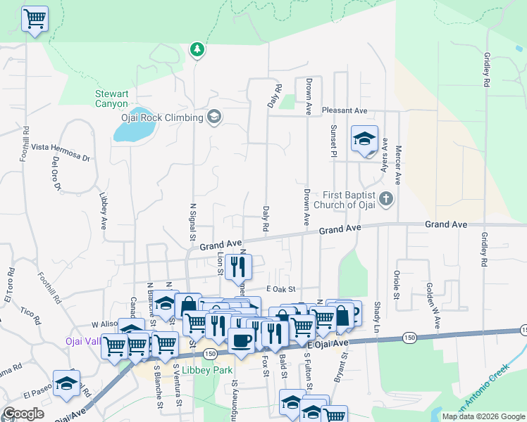 map of restaurants, bars, coffee shops, grocery stores, and more near 802 Daly Road in Ojai