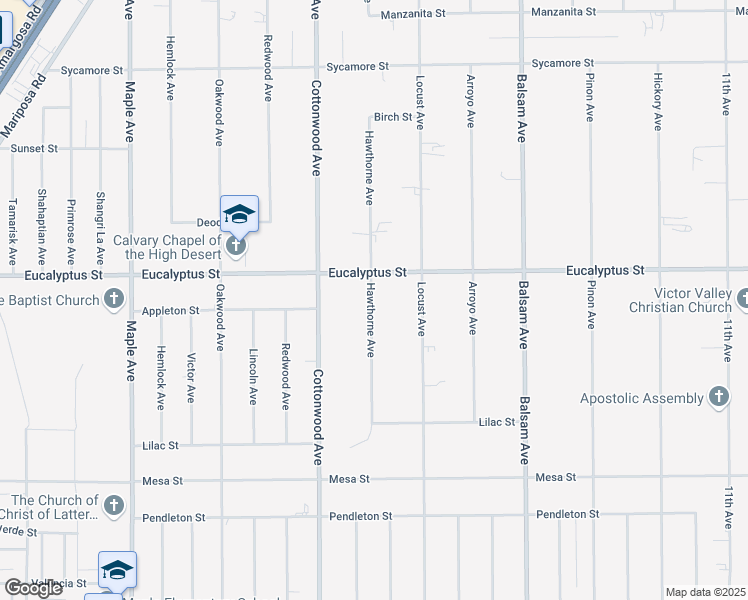 map of restaurants, bars, coffee shops, grocery stores, and more near 11215 Hawthorne Avenue in Hesperia
