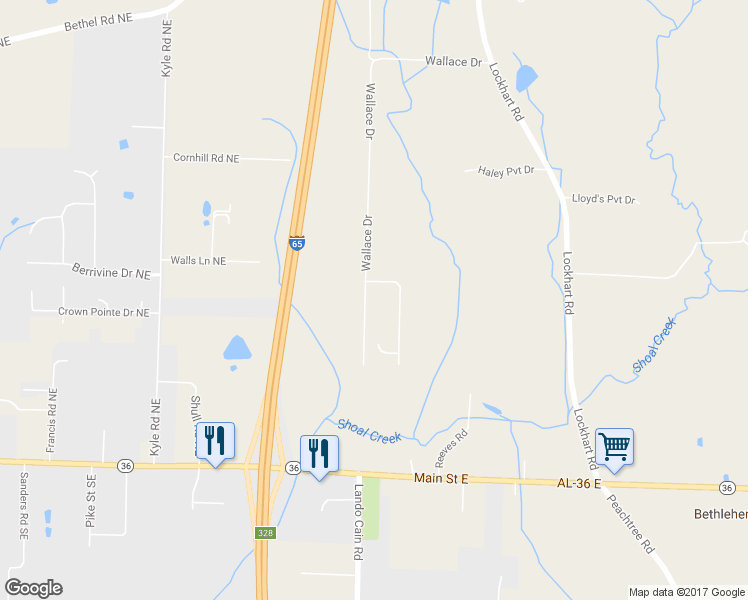 map of restaurants, bars, coffee shops, grocery stores, and more near 438 Wallace Drive in Hartselle
