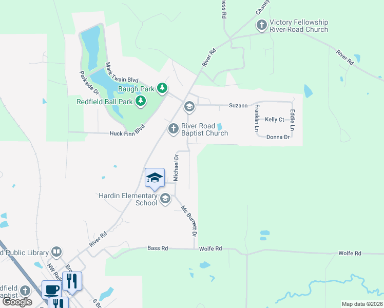 map of restaurants, bars, coffee shops, grocery stores, and more near 739 Cara Jane Drive in Redfield