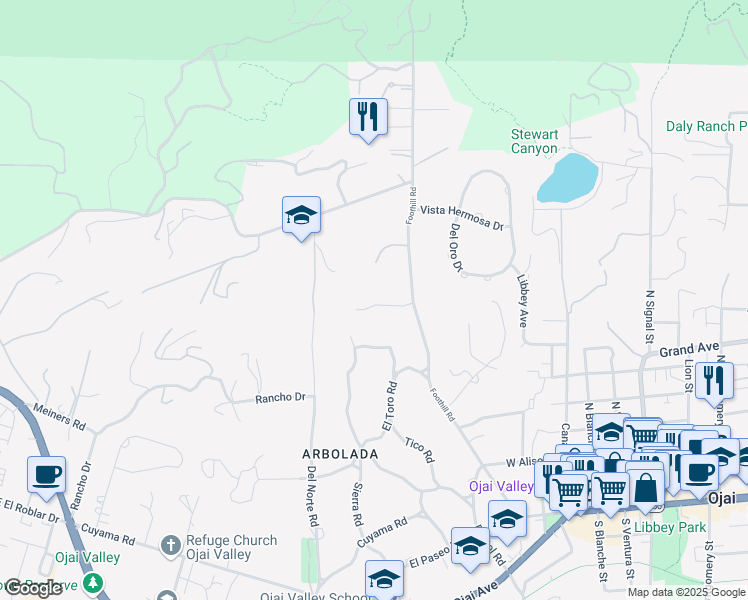 map of restaurants, bars, coffee shops, grocery stores, and more near 820 Foothill Lane in Ojai