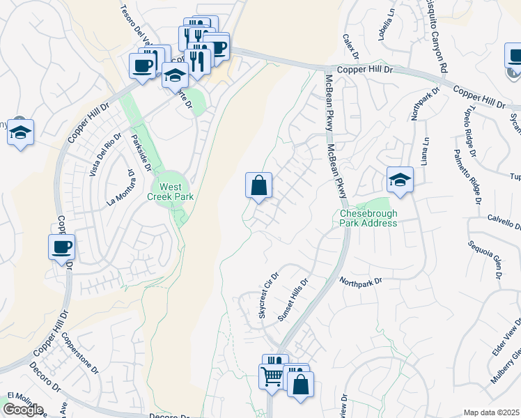 map of restaurants, bars, coffee shops, grocery stores, and more near 23830 Tamarac Court in Santa Clarita