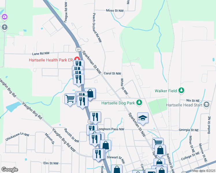 map of restaurants, bars, coffee shops, grocery stores, and more near 1319 Sparkman Street Northwest in Hartselle