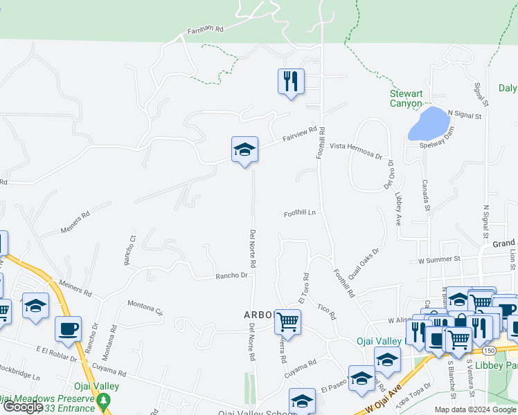 map of restaurants, bars, coffee shops, grocery stores, and more near 812 Del Norte Road in Ojai