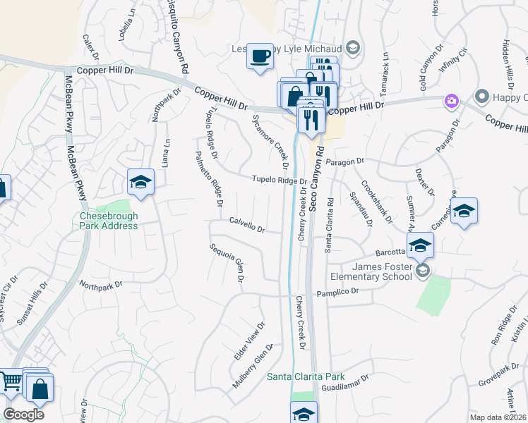 map of restaurants, bars, coffee shops, grocery stores, and more near 27728 Laurel Creek Circle in Santa Clarita
