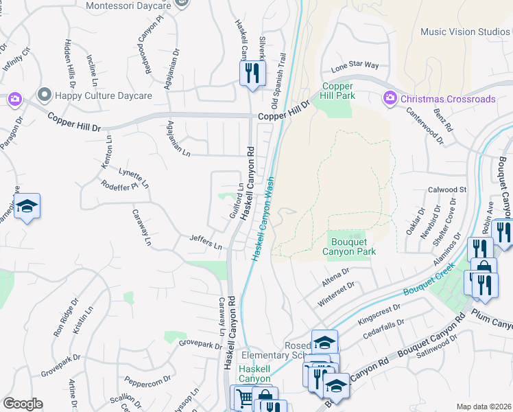 map of restaurants, bars, coffee shops, grocery stores, and more near 28139 Bobwhite Circle in Santa Clarita