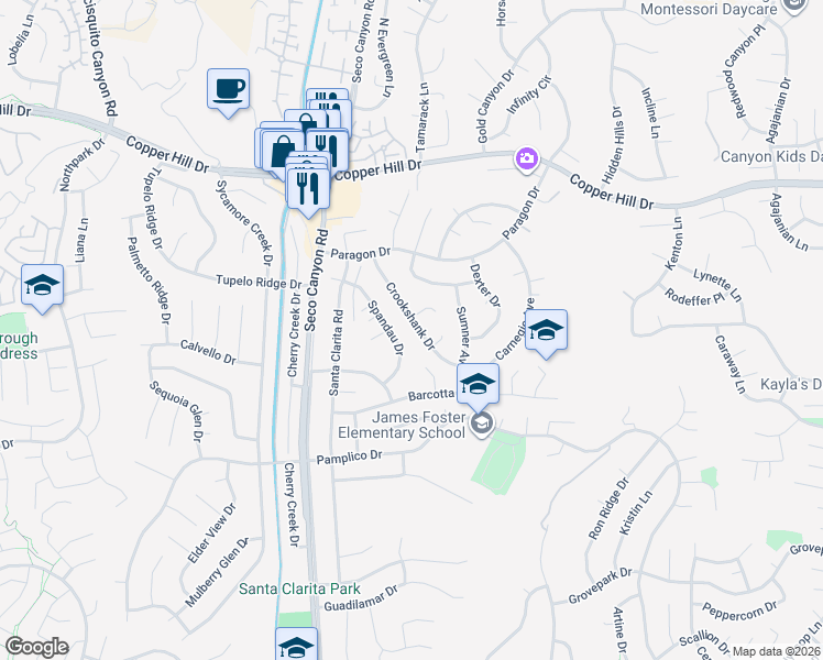 map of restaurants, bars, coffee shops, grocery stores, and more near 27767 Crookshank Drive in Santa Clarita