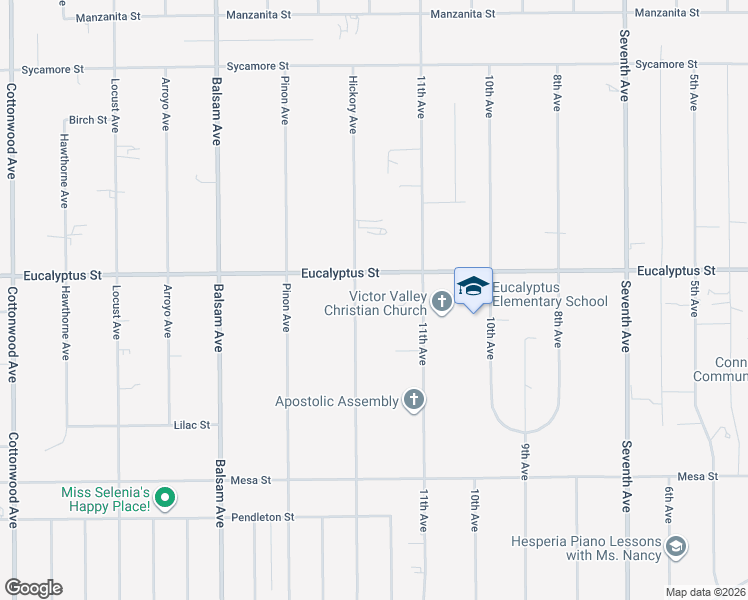 map of restaurants, bars, coffee shops, grocery stores, and more near 11253 Hickory Avenue in Hesperia