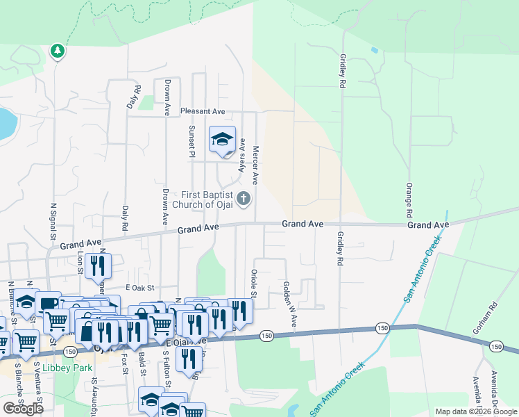 map of restaurants, bars, coffee shops, grocery stores, and more near 714 Mercer Avenue in Ojai