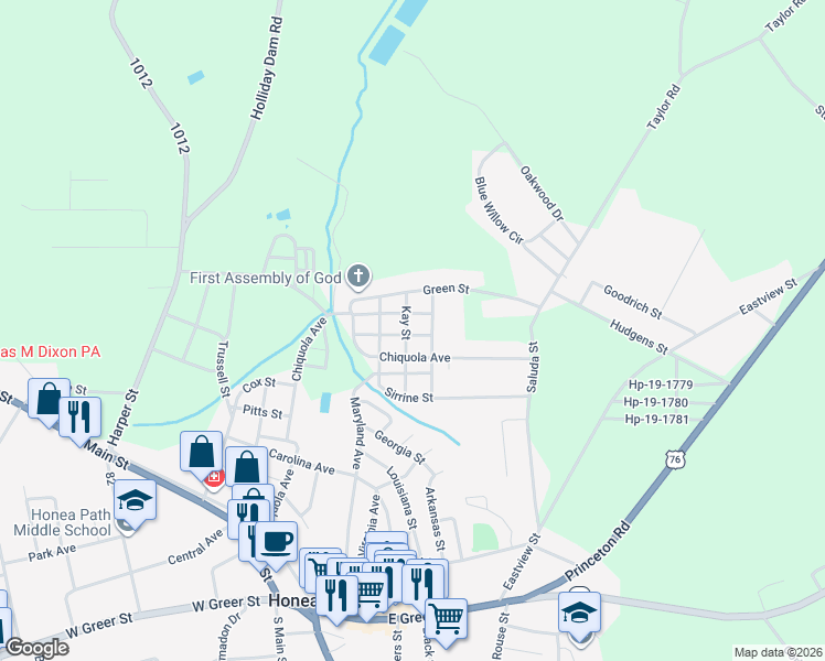 map of restaurants, bars, coffee shops, grocery stores, and more near 300 Kay Street in Honea Path