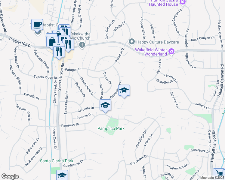 map of restaurants, bars, coffee shops, grocery stores, and more near 27838 Dexter Drive in Santa Clarita