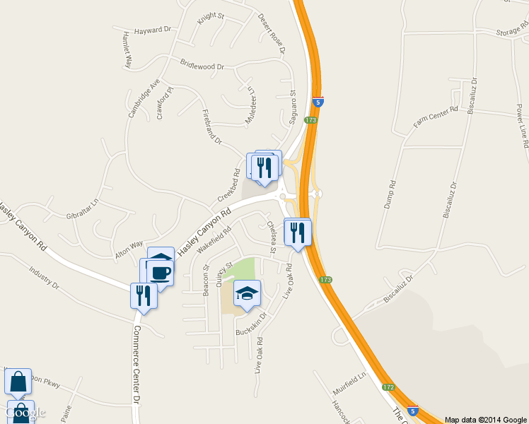 map of restaurants, bars, coffee shops, grocery stores, and more near 27611 Ashby Court in Castaic