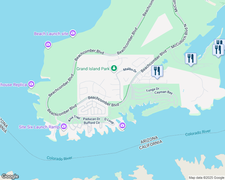 map of restaurants, bars, coffee shops, grocery stores, and more near 727 Malibu Lane in Lake Havasu City