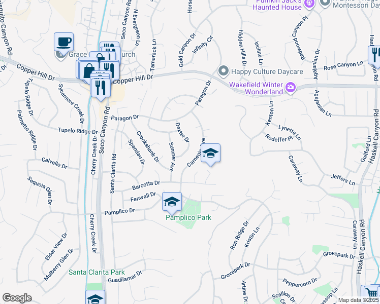 map of restaurants, bars, coffee shops, grocery stores, and more near 27838 Dexter Drive in Santa Clarita