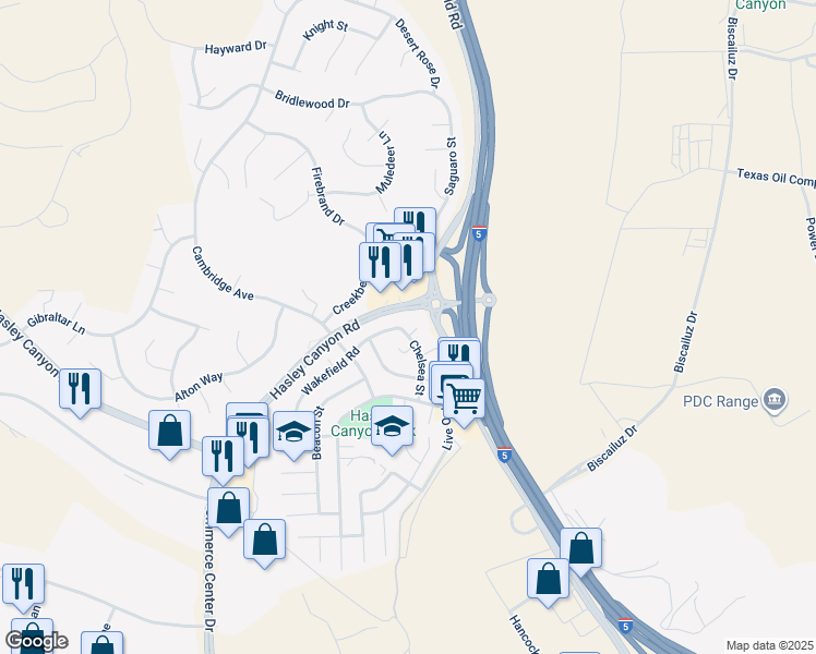 map of restaurants, bars, coffee shops, grocery stores, and more near 27611 Ashby Court in Castaic