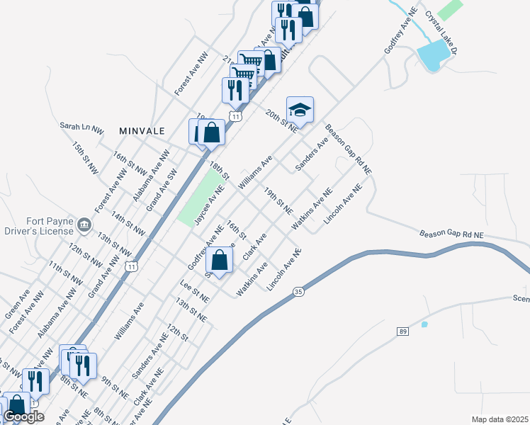 map of restaurants, bars, coffee shops, grocery stores, and more near 1801 Sanders Avenue in Fort Payne