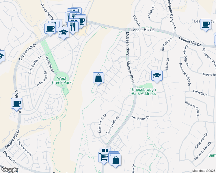 map of restaurants, bars, coffee shops, grocery stores, and more near 23722 Maple Leaf Court in Santa Clarita