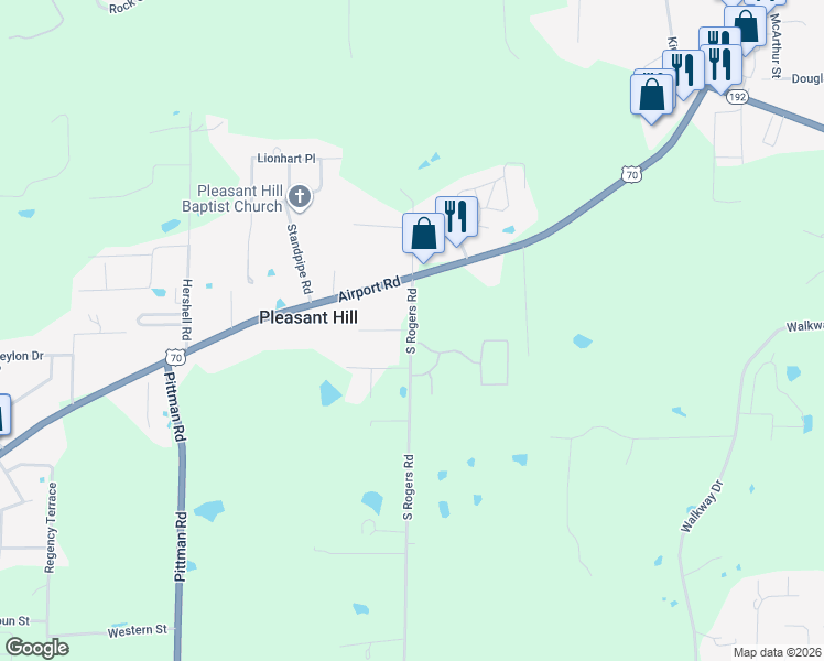 map of restaurants, bars, coffee shops, grocery stores, and more near 201 South Rogers Road in Garland County