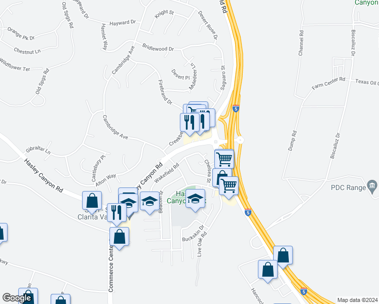 map of restaurants, bars, coffee shops, grocery stores, and more near 27725 Wakefield Road in Castaic