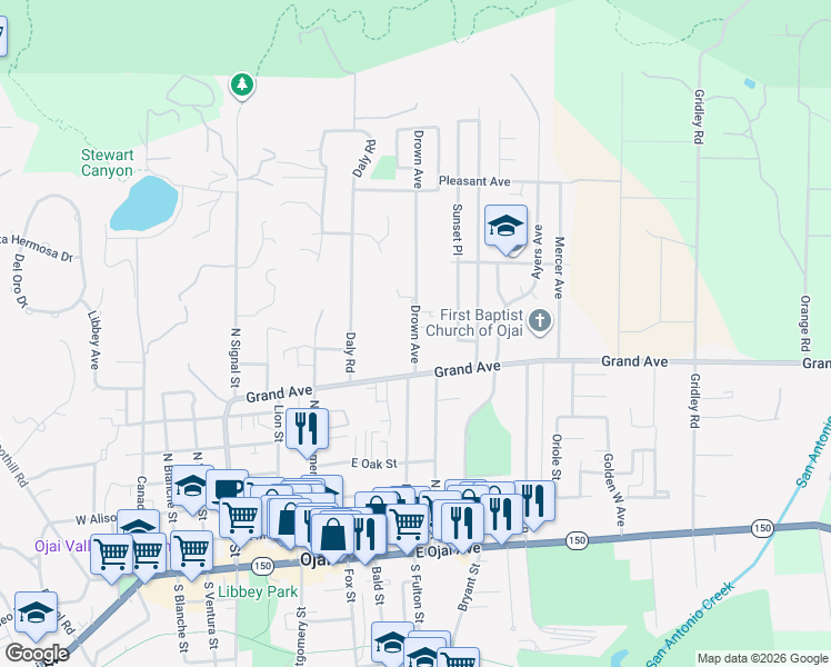 map of restaurants, bars, coffee shops, grocery stores, and more near 802 Drown Avenue in Ojai