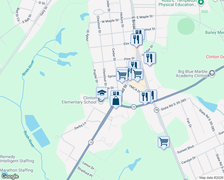 map of restaurants, bars, coffee shops, grocery stores, and more near 103 Gum Street in Clinton